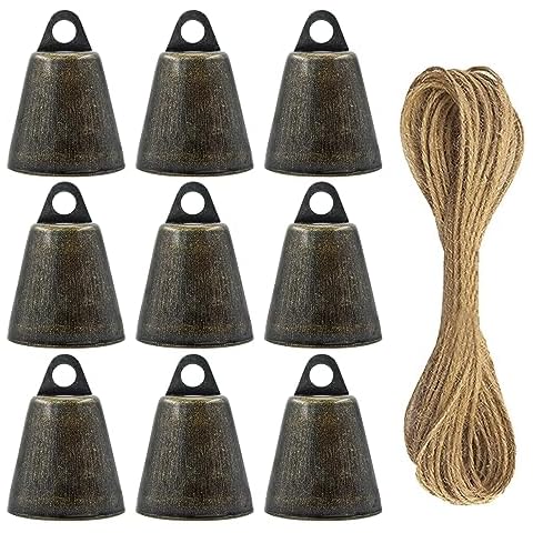 MrMrKura 9Pcs Vintage Bronze Tin Jingle Bells (1.46 X 1inches) Jingle Bells for Crafts Cow Bell Bells on Jute Rop Christmas Bells for Decoration for Dog Potty Training (9Pcs Bronze Bells) Cover