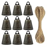 MrMrKura 9Pcs Vintage Bronze Tin Jingle Bells (1.46 X 1inches) Jingle Bells for Crafts Cow Bell Bells on Jute Rope Christmas Bells for Decoration for Dog Potty Training