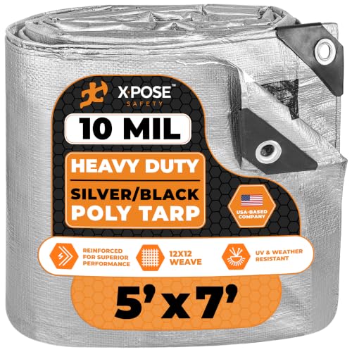 Image of Heavy Duty Poly Tarp - 5' X 7' -10 Mil Thick Waterproof, UV Blocking Protective Cover - Reversible Silver and Black - Laminated Coating - Grommets - by Xpose Safety