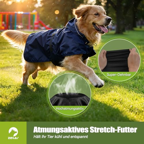 Zellar Hunderegenmantel, Wasserdicht & Verstellbar - Leichte Regenjacke mit Reflektierendem Streifen & Kragenloch für Mittelgroße, Große Hunde, Schnell-Anlege-System, Atmungsaktiv (L, Blau)