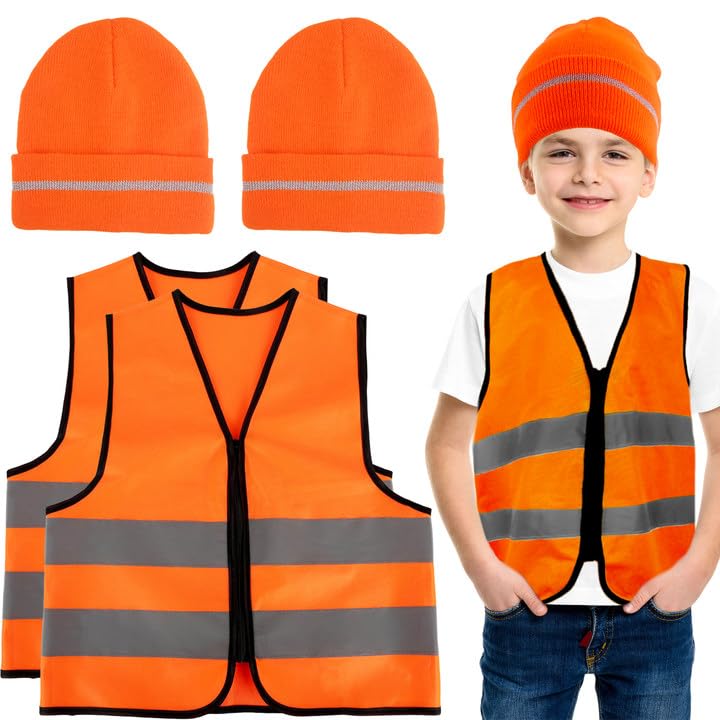 Puteraya 4 PCS Kids Hunting Vest Blaze Orange Hunting Vest Beanie Reflective Visibility Safety Costume for Outdoor Halloween (L (10-12 Years)