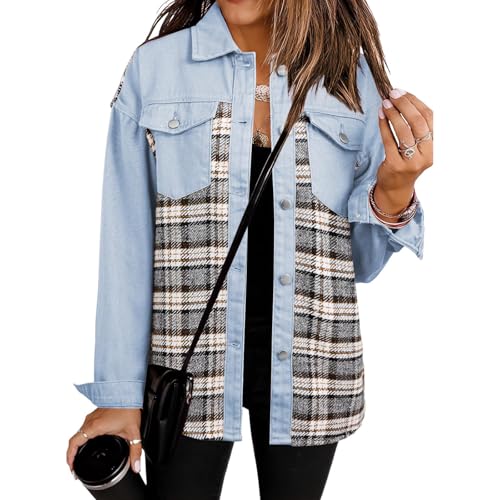Denim Jacket for Women Oversized Casual Boyfriend Jean Jacket Button Down Long Sleeve Plaid Shacket Shirt with Pocket2