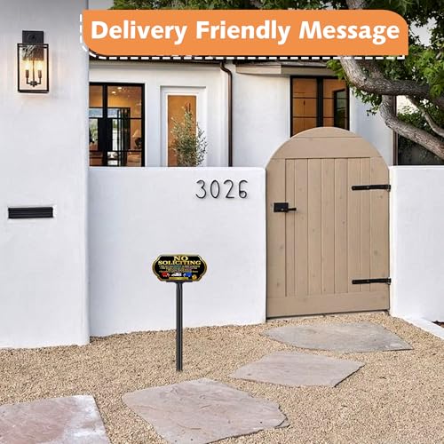 Image of Funny No Soliciting Sign for House with Adjustable 37 inch Stake,Weatherproof Silication Sign for Yard and Front door, 10x5 inch Rust-Free Aluminum, UV Protected for Housewarming Gift
