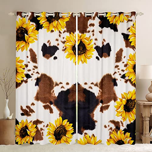 Cow Print Window Drapes Bedroom Decor,White Brown Black Cowhide Sunflower Window Curtains 42X63 Machine Washable,Women Yellow Flora Highland Cow Fur Curtains,Western Funny Animal Window Treatments #TOP21