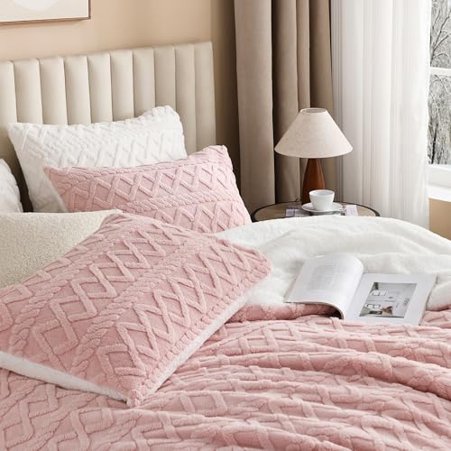 Image of Andency Fluffy Sherpa King Comforter Set, Blush Fleece Soft Bedding Set