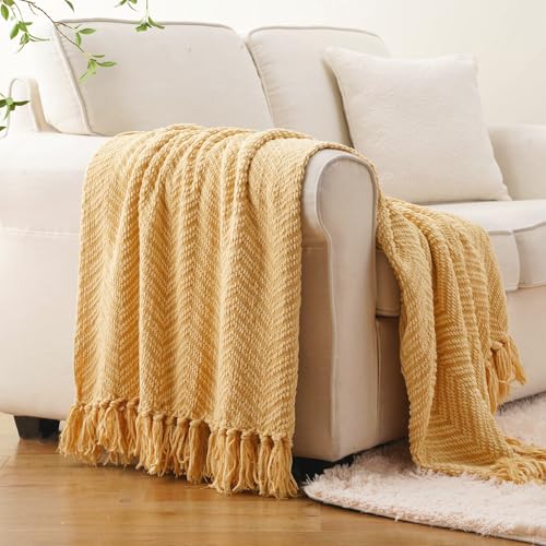 Image of BATTILO HOME Gold Throw Blanket for Couch, Knit Yellow Throw Versatile for Chair, Super Soft Warm Mustard Throw Blanket with Tassels for Twin Bed, Sofa and Living Room, 60 inchx80 inch