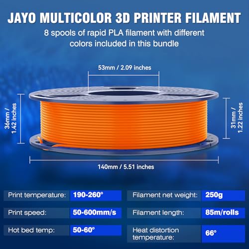 Image of JAYO Rapid PLA 3D Printer Filament Bundle 2KG, High Speed PLA Filament 1.75mm 50mm /s - 600mm /s Print Range, 8 Pack 250g Spool Filament (Black, White, Blue, Red, Pink, Orange, Yellow, Olive Green)