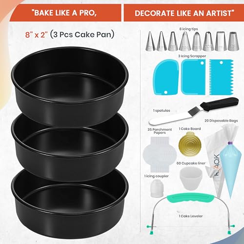 RFAQK-133PCs-Round-Cake-Pans-Sets-for-Baking-Cake-Decorating-Kit-with-NonStick-8-Inch-Cake-Pan-Set-of-3-Icing-TipsCake-LevelerSpatula-Multifunctional-Cake-Pan-Baking-Supplies-Gift-eBook