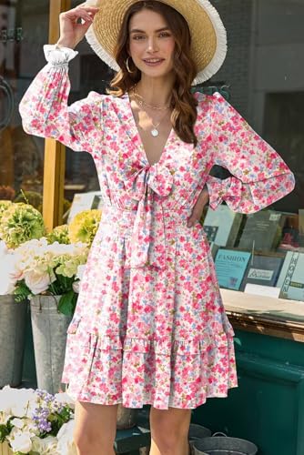 Image of Dokotoo Womens Casual Spring Fall 2025 Deep V Neck Knotted Tiered Chiffon Elegant Mini Short Swing Skater Dresses