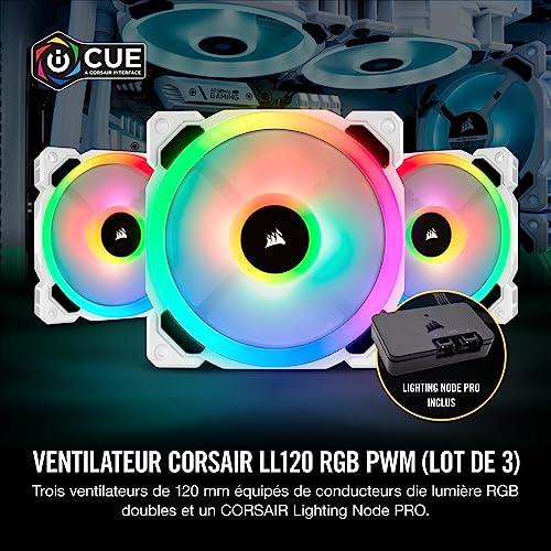 Corsair LL120, LL Series, 120 mm Dual Light Loop RGB LED, PWM, à flux d'air élevé Ventilateur (Pack Triple avec module Lighting Node) - Blanc, 3 x 120mm Ventilateur (Triple Pack)