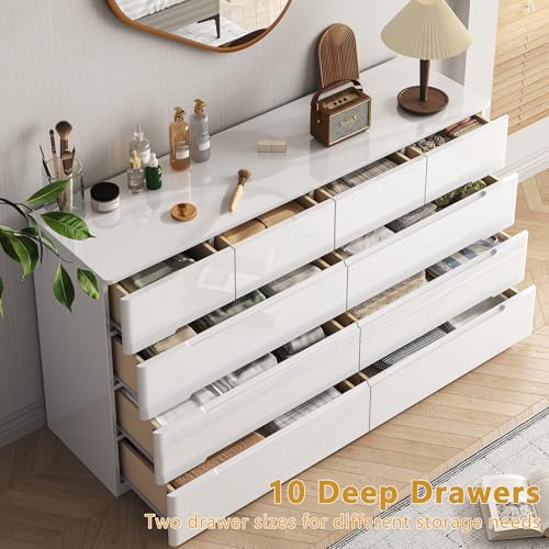Image of 10 Drawer White Dresser for Bedroom, 55 inch Long Dresser Chest of Drawers, Large High Gloss Modern Storage Cabinet with Big Drawers Handle Free, Living Room, Entryway, Hallway