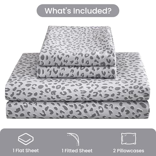 Image of Mooreeke Leopard Cheetah Printed Queen Bed Sheets, Soft Microfiber Bedding Sheets & Pillowcases, Deep Pocket Non-Slip Fitted Queen Sheet, Silver Grey Animal Pattern Bedsheets