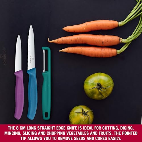 Image of Victorinox Swiss Made Stainless Steel Swiss Classic Paring Knife Kitchen Knife 8,10 cm Straight /Wavy Edge with I-Peeler Set (3 Pcs) Green /Purple /Blue | 6.7116.33C1