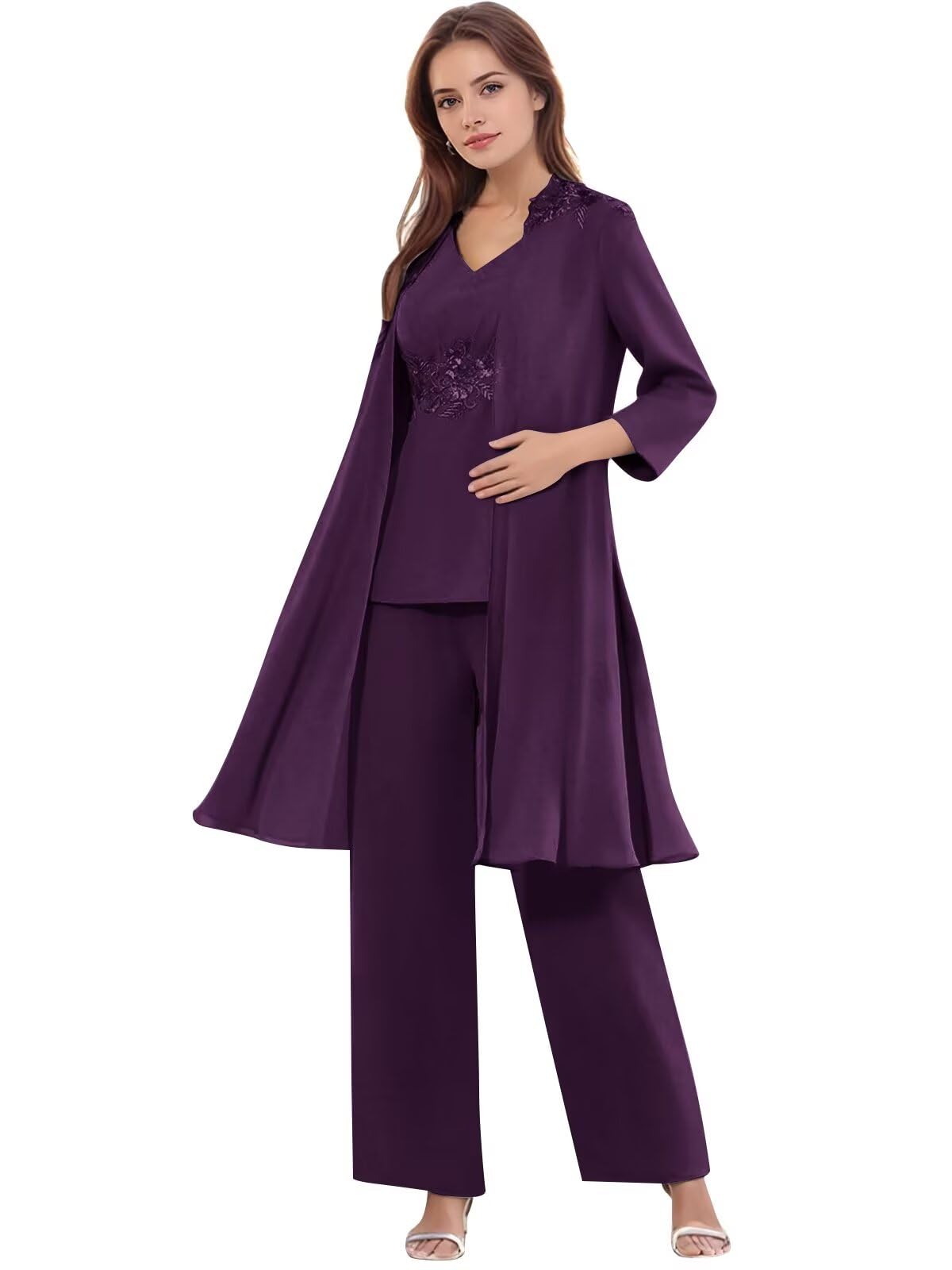 3 Piece Mother of The Bride Pant Suits Chiffon Lace Formal Pant Suit Dressy Wedding Guest Outfits with