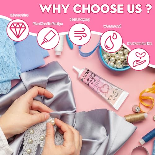 Allony 100ml Schmucksteinkleber, Strassstein Kleber, Wasserfester Kleber für Strasssteine Auf Stoff, Ideal zum Verkleben von Ziersteinen Auf Textilien, Transparent