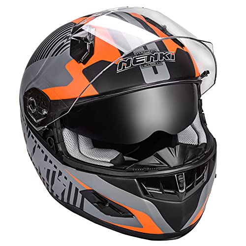 NENKI Full Face Motorcycle Helmets for Men Women, Adults Motocross Helmets DOT Approved with Inner Sun Shield and Clear Visor, Fiberglass Shell Helmet (Matt Black Orange, Large)