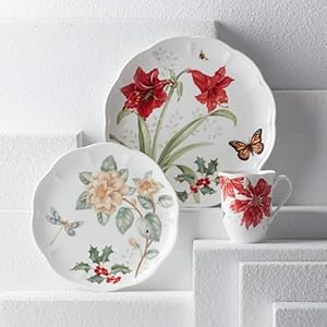 Lenox butterfly meadow 18pc holiday dinnerware set 2090 lb red green  urban country home decor