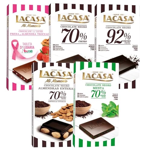 Pack Lacasa 5 deliciosas tabletas de chocolate de distintos sabores y tamaños: leche fresa y almendra ,negro , menta ,cacao 92% , almendra 200g