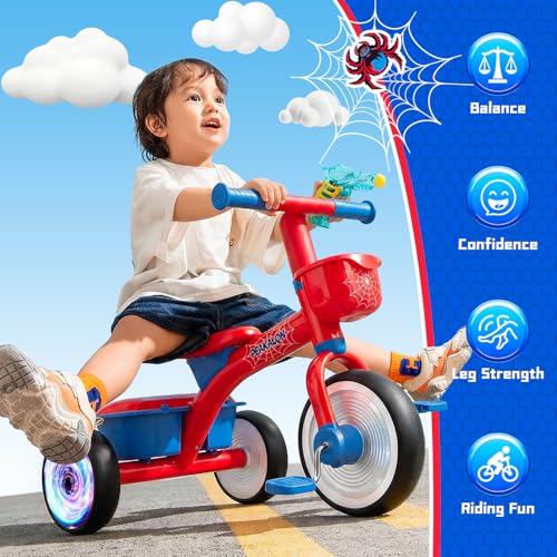 Spider Toddler Tricycle for 1-3 3-5 Years Old Boys Girls,Toddler Baby Balance Bike with Colorful Lighting, Adjustable Seat & 2 Basket, Idea Birthday Gift and Toy for Age 1 2 3 4 5 Kids Outdoor by Peakalon - Used condition - Image 6