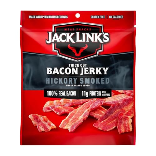Jack Link's Hickory Smoked Bacon Jerky - 2.5 oz Bag - Ready to Eat Real Meat Protein Snacks - 11g Protein per Serving - Made with 100% Thick Cut Real Bacon