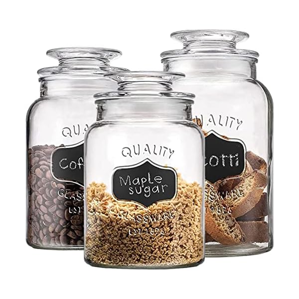 Glass Canister Set for Kitchen or Bathroom with Airtight Lid and Chalkboard Labels, Apothecary Glass Food Storage Jars - Set of 3 Cookie Jars, Candy, Coffee, Flour, Sugar, Rice, Pasta, Cereal & More, Clear Storage Containers!