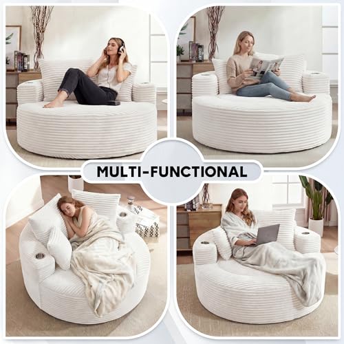 Image of Oversized Round Chair Lounge Chaise Indoor, 55.5 inch Upholstered Corduroy Deep Seat Single Cloud Sofa Chair with Cup Holder, Modern Large Circle Boneless Sleeper Sofa for Living Room, Beige White