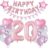 🎈 20. Decoración de cumpleaños de color rosa: contiene globos digitales "20" de 32 pulgadas + guirnalda de globos Happy Birthday (16 pulgadas) + 10 globos de látex (12 pulgadas) + 6 globos de confeti (12 pulgadas) + 2 globos de papel de aluminio con forma de corazón (18 pulgadas) + 2 globos de estrella (18 pulgadas) 20 cm) + 1 banderín de papel + cintas para globos