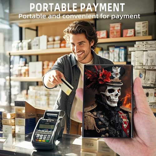 Metal Wallet, Minimalist Aluminum RFID Wallet & Credit Cards Wallets, Skull Officer Hat Slim Mini RFID Blocking Credit Card Holder for Men & Women, 6 Slots Front Pocket Card Case4