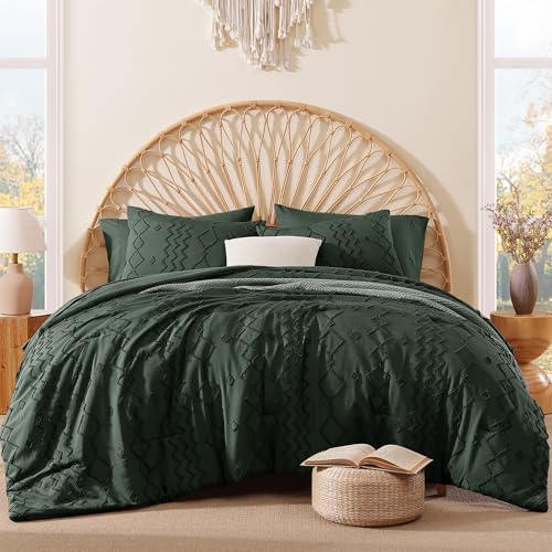 Image of AMBERSPACE Full Size Comforter Set Dark Green, Tufted Boho Bedding Farmhouse Bed Set, All Season 7 Pieces Bed in a Bag with Sheets, Pillowcases & Shams