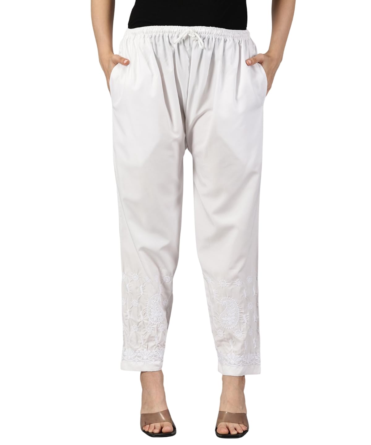 fch, fashionable chikan handikraft FCH Hand Embroidered White Cotton Lucknawi Chikankari Trouser Pants for Womens-picture-48
