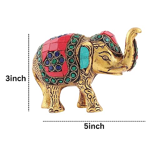 Image of Kalakriti Multicoloured Stone Studded Metal Trunk-up Elephant Showpiece for Good Luck (Vaastu) | Pack of 2 | Decorative Elephant Statue Idol for Home Decor for Prosperity and Luck