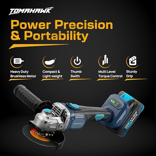 Image of Tomahawk PGR-4995 20V Brushless Cordless Angle Grinder - Mini Angle Grinder with 2x4.0Ah Batteries & Charger | 4 Inch Disc | 2-Speed up to 9,000 RPM | Trigger Lock