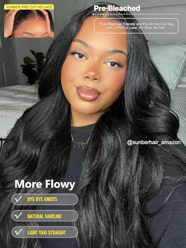 Image of Yaki Straight Bye Bye Knots Pre Cut Lace 7x5 Lace Front Glueless Wig Put On Go Light Yaki Straight Human Hair Wig Pre Bleached Invisible Knots 150% Density with Baby Hair 20Inch for Beginner