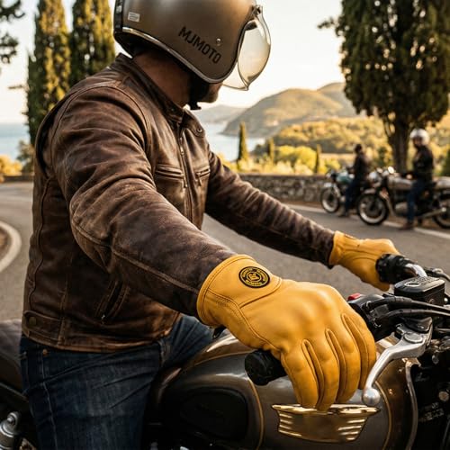 Image of Yellow Classic Goat Leather Motorcycle Gloves with Hole Summer Cycling Bicycle Riding Gloves for Motorcyclist Protective Gloves (Yellow, X-Large)