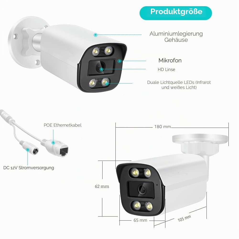 5MP POE Kamera Outdoor Security 1920P HD Farbe Nachtsicht Menschenerkennungsalarm Metallgehäuse IP66 Wasserdichter Fernzugriff