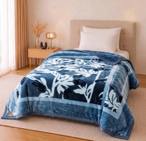 Image of VAS COLLECTIONS 280 GSM Micromink Blanket, 2.5 Kg Premium Soft Warm Cozy Blanket, Plush Floral Printed Blanket for Single Bed, Ultra Soft Comfortable Bedding, 60 x 88 Inches (152 x 220 cm) - Deep Navy