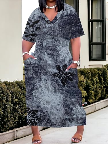 Image of SUZONANA Womens Plus Size 3D Denim-Print Fashion Maxi Dresses Casual Soft Tshirt Dress