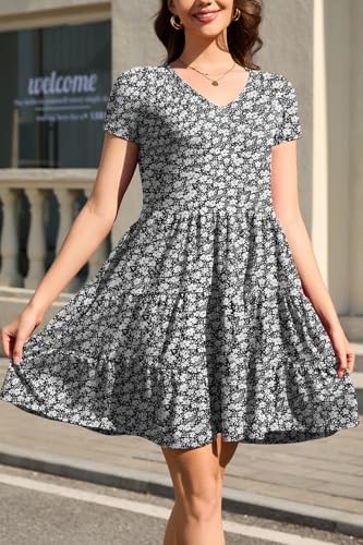 Image of nclook Womens Summer Casual Dress Sweet Cute V Neck Mini Dress with Pocket Short Sleeve