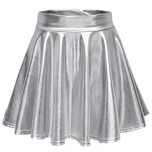 Metallic Rock Damen Mini Rock Sommer Kurz A-Linien Skater Rock Damen Hohe Taille Metallischer Faltenrock Glänzender Partyrock für Karneval Fasching Cosplay(Silber XXL)