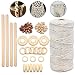 HTRUIYATY DIY Corda Cotone Naturale Macrame 3mm con 100+ Perline di Legno,15 Anelli di Legno,4 Bastoncini di Legno Kit Macrame per Principianti Lavori A Maglia