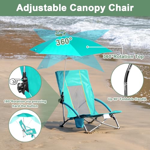 Image of Romswi Beach Chair with Umbrella 2PK, Folding Low Beach Chairs for Adults with Adjustable Parasol, Cup Holder, Breathable Backrest, Comfortable Armrests, Lightweight for Beach & Camping, Green