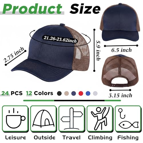 Image of Suhine 24 Pcs Blank Trucker Hat Bulk Unisex Mesh Baseball Cap for Sublimation Embroidery Vintage Adjustable Hat for Men Women