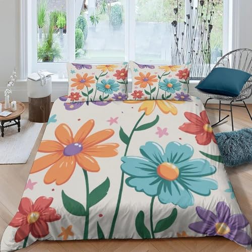 Funda Nordica Cama 80/90 Niños Flores Azules y Naranjas 3D Ropa de Cama 135x200 Funda Nórdica 3 Piezas Estilo Funda de Edredon de Suave con Cremallera y 2 Fundas de Almohada