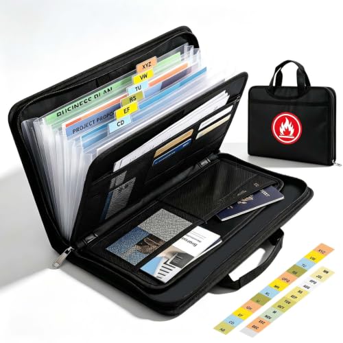 Image of Fireproof Accordion File Organizer Bag A4 13 Pockets Expandable Document Folder with Handle Portable Important Document Storage Case Fire Resistant File Organizer for Home Office Travel Black