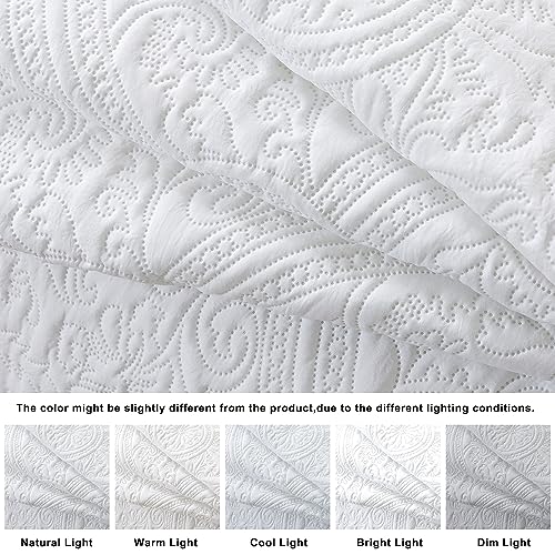 Boho White King Size Quilt Bedding Sets with Pillow Shams, Lightweight Soft Bedspread Coverlet, Quilted Blanket Thin Comforter Bed Cover, All Season, 3 Pieces, 104x90 inches