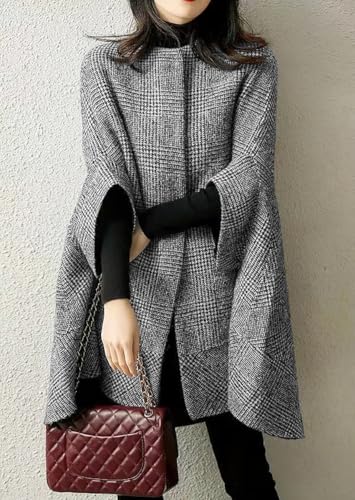 chouyatou Women's Elegant Plaid Poncho Single Breasted Winter Casual Wool Blend Cape Cloak Coat4