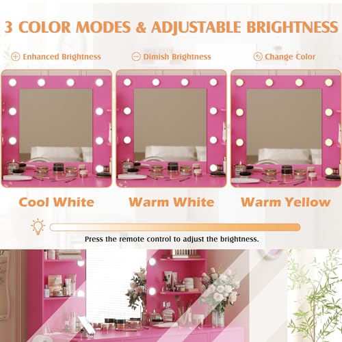 Image of YESHOMY Vanity Desk with Mirror, Power Outlet and 10 Lights, Makeup Table with 7 Drawers, 3 Color Modes Available for Bedroom, Dark Pink
