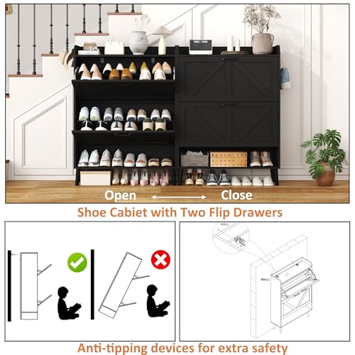 HOMEFORT Shoe Storage Cabinet for Entryway, 30\" Freestanding Organizer with Two Flip Drawers, Narrow Hidden Shoe Rack with Wood Legs, Farmhouse Shoe Cabinet for Front Door Entrance,Black