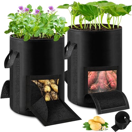 Lezmarket 2 Pack 10 Gallon Potato Grow Bags Nonwoven Fabric Garden Planters with Reinforced Handle Large Pots for Potato Vegetable and Outdoor Plants