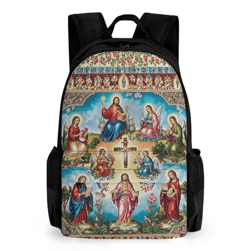 Men Women Polyester Catholic Saints Art Daypack Backpack Large Capacity Carry On Bag With Smooth Zippers for Hiking Picnic Walking Cycling
